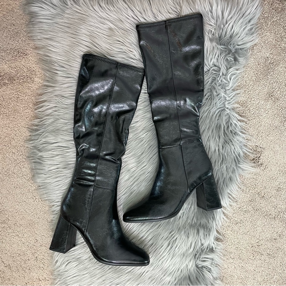 New Steve Madden Livah Knee High Square Toe Block Heel Boots in Black Womens 9.5